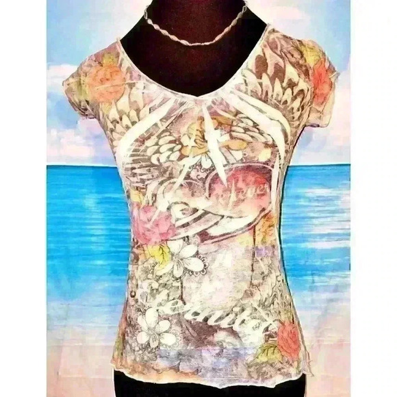 COLORFUL Womans 100% COTTON Tee shirt Stretch T-shirt top Boho print size M - Picture 3 of 4